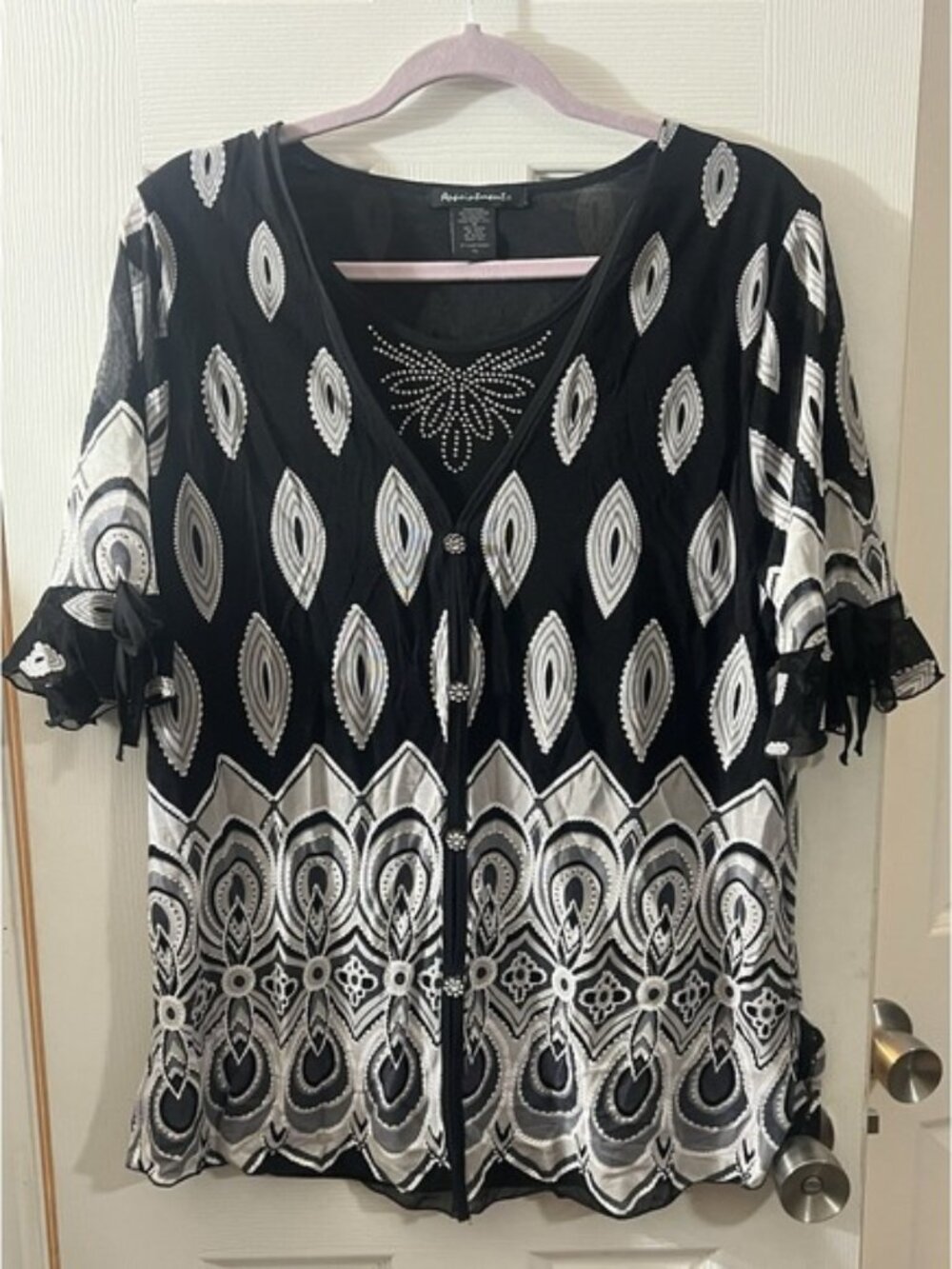 Women's Black White Silver Blouse Appointments‎ Crystal Buttons Bow Ties Sz 1XL